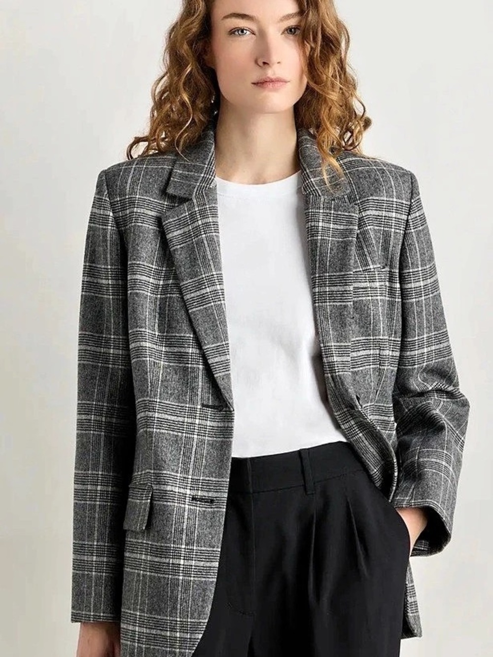 Quince Italian Wool Oversized Blazer Plaid Blazer in Gray Size Large Like New